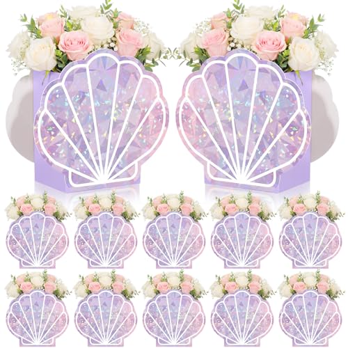 Eaasty 8 Set Mermaid Seashell Flower Boxes Centerpieces Vase Iridescent Shell Shape Gift Box Mermaid Party Favor for Bachelorette Table Baby Shower Birthday Wedding Ocean Beach Party Decor(Purple)