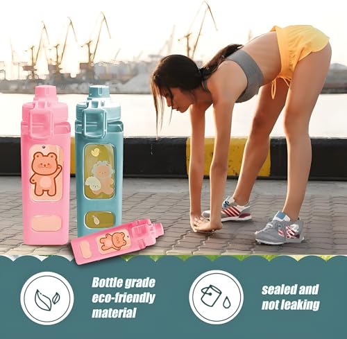 Image of Kawaii Water Bottle with Straw and Lid, 700ml /23.6OZ Cute Water Bottles BPA-free & Leak Proof Square School Drinking Bottle, Cute Plastic Color School Water Bottle for Girls (Pista)