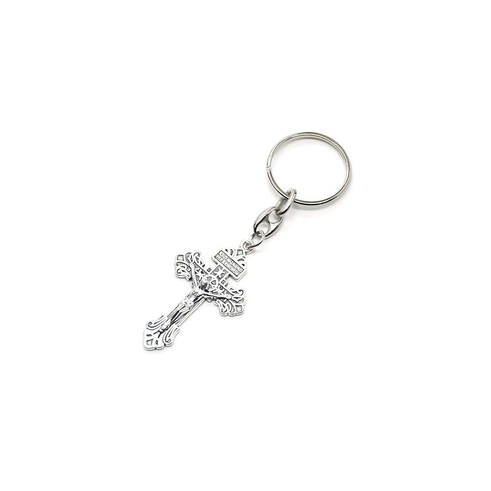 lulucrossCatholic Keychain Jesus Stainless Steel Cross Keychain, Religious Catholic Car Keychain, Catholic Faith Jewelry Gift, Guardian Protection, Religious Inspirational Jewelry (silver)