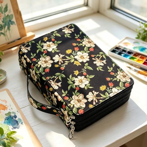 Image of YOUNGCOL 200 Slots Colored Pencil Case Color Pencil Organizer Storage Large Capacity Pencil Case (Black + Retro Flower)