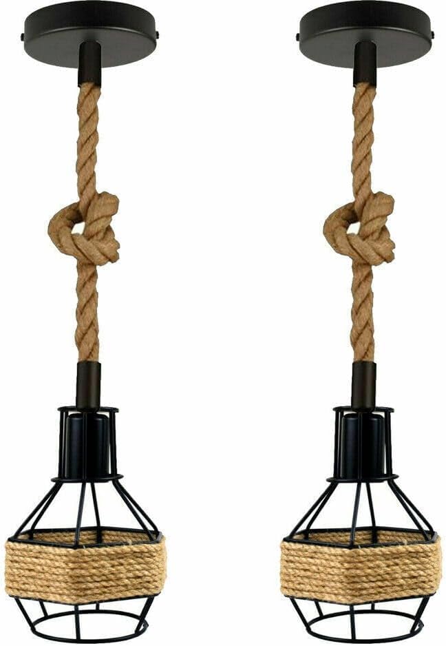 Industrial Hemp Rope Pendant Light Set of 2 – Retro Birdcage Metal Hanging Ceiling Lights E27 Vintage Lantern Style with Adjustable Rope for Kitchen, Dining Room, Café, Bar, Restaurant Decor