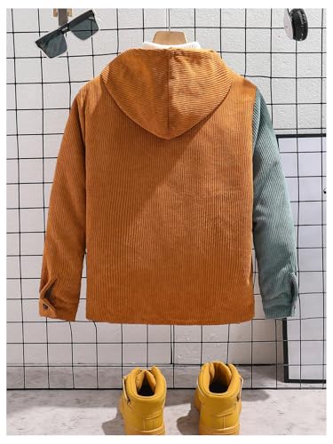 SHENHE Boy's Corduroy Jacket Casual Long Sleeve Button Down Color Block Hooded Shirt2