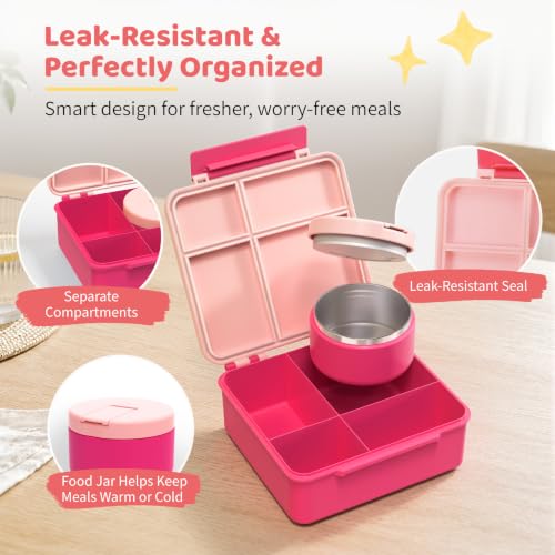 Image of Pawtong Bento Lunch Box with 8oz Soup Thermo, Kids Leakproof Lunch Food Containers with 4 Compartment, Kids Thermo Insulated Hot Food Jar for School, Trvael - (Pink)
