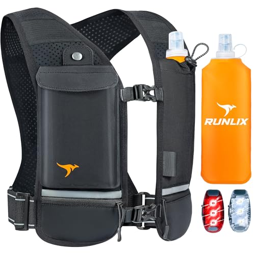 RUNLIX Running Vest for Women Men - Reflective Running Hydration Vest with 500ml Soft Water Bottle, Phone Holder, 2 LED Lights USB Rechargeable - 7 Pockets Runners Backpack Trail Jogging Marathon