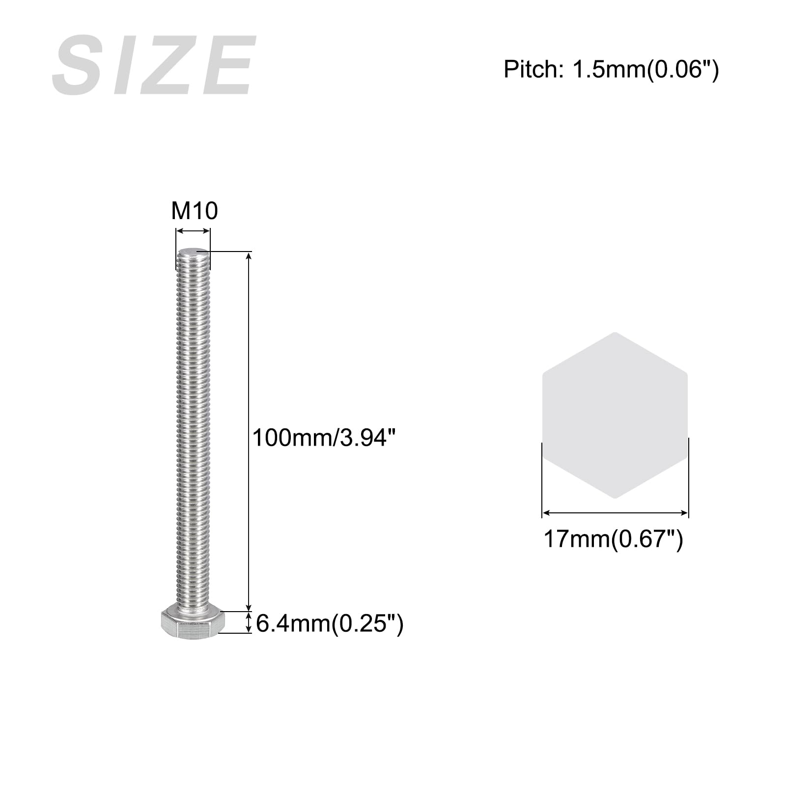 METALLIXITY Hex Bolts (M10-1.5x100mm) 6Pcs, 304 Stainless Steel Coarse Fully Threaded Hex Head Screw Bolt Machine Screws - Image 2