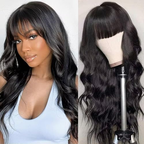 Human Hair Wig with Bangs for Black Women Brazilian Virgin Human Hair Bang Wig Body Wave Human Hair Wigs with Fringe 150% Density Body Wave Wavy Wigs 22 Inch Natural Black Color