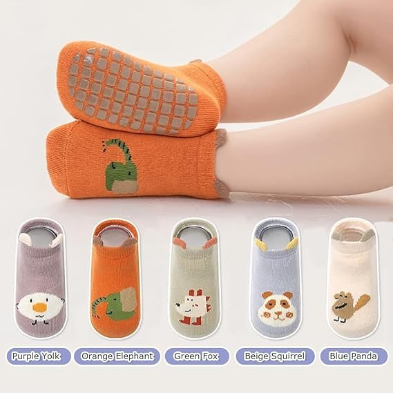 BuntyChiku 5 Pairs Baby Socks Set 0–12 Months – Anti-Slip Grip Ankle Socks for Infants, Toddlers Boys & Girls – Non-Skid Sole Cotton Socks with Cute Cartoon Design – Newborn Baby Shower Gift 1