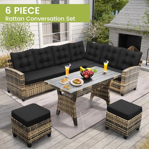Image of KROFEM 6 Piece Patio Furniture Set, Dining and Conversation Set | UV Treated Wicker, Machine Washable Cushions, Seats 7, 2 Ottomans, 3 Sofa Section, Dining Table, Rustproof Frame, Black