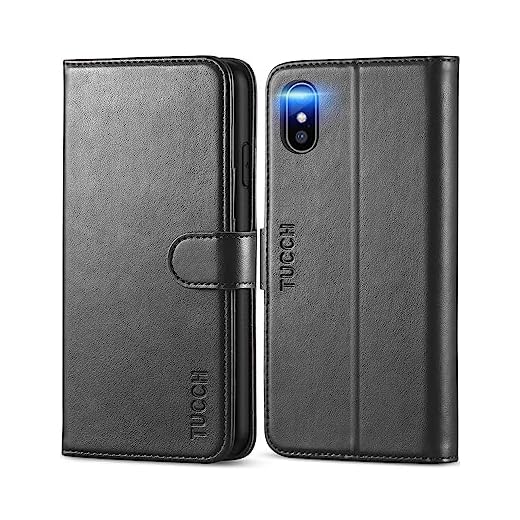 TUCCH iPhone XS Max-fodral, iPhone XS Max plånboksfodral [RFID-blockering] [Trådlös laddning] [Automatisk väckning/sömn] [Kickstand] [Kortspår] Läder folio fodral kompatibel med iPhone XS Max (6,5), svart
