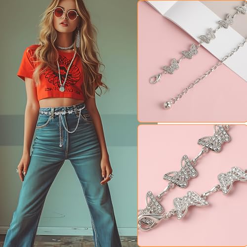 Women Butterfly Waist Chain, Alloy Rhinestone Waist Belt Ladies Dress Belt Fashion Link Chain for Girl Women4