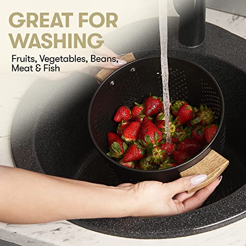 Stainless Steel Colander With Wood Handle | Metal Food Strainer For Washing Pasta Vegetables Fruit Noodles Spaghetti And More | Premium Colanders & Food Strainer | 5.5 Quart Large Matte Black #TOP5