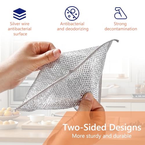 6 Pezzi Strofinacci multiuso in filo,antigraffio Spugnette Piatti,Scratchy-Wipes Riutilizzabili,Filo Metallico,20x20cm,Per La Pulizia Di Stoviglie,Piani Di Lavoro(Doppio Strato) - immagine 4
