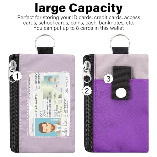 Image of Minimalist RFID Blocking Wallet with Lanyard, Functional ID Case with 2 Zipper Pockets and Key Chain for Men and Women, Tactical Badge Pouch Cards Holder, Coin Purse for Travel Sports-Purple