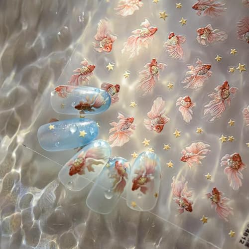 Image of Goldfish Nail Art Stickers 5D Embossed Nail Decals Chinese Style Design Star Koi Fish Nail Stickers Manicure Supplies Charm for Women Girls DIY Decorations Accessories