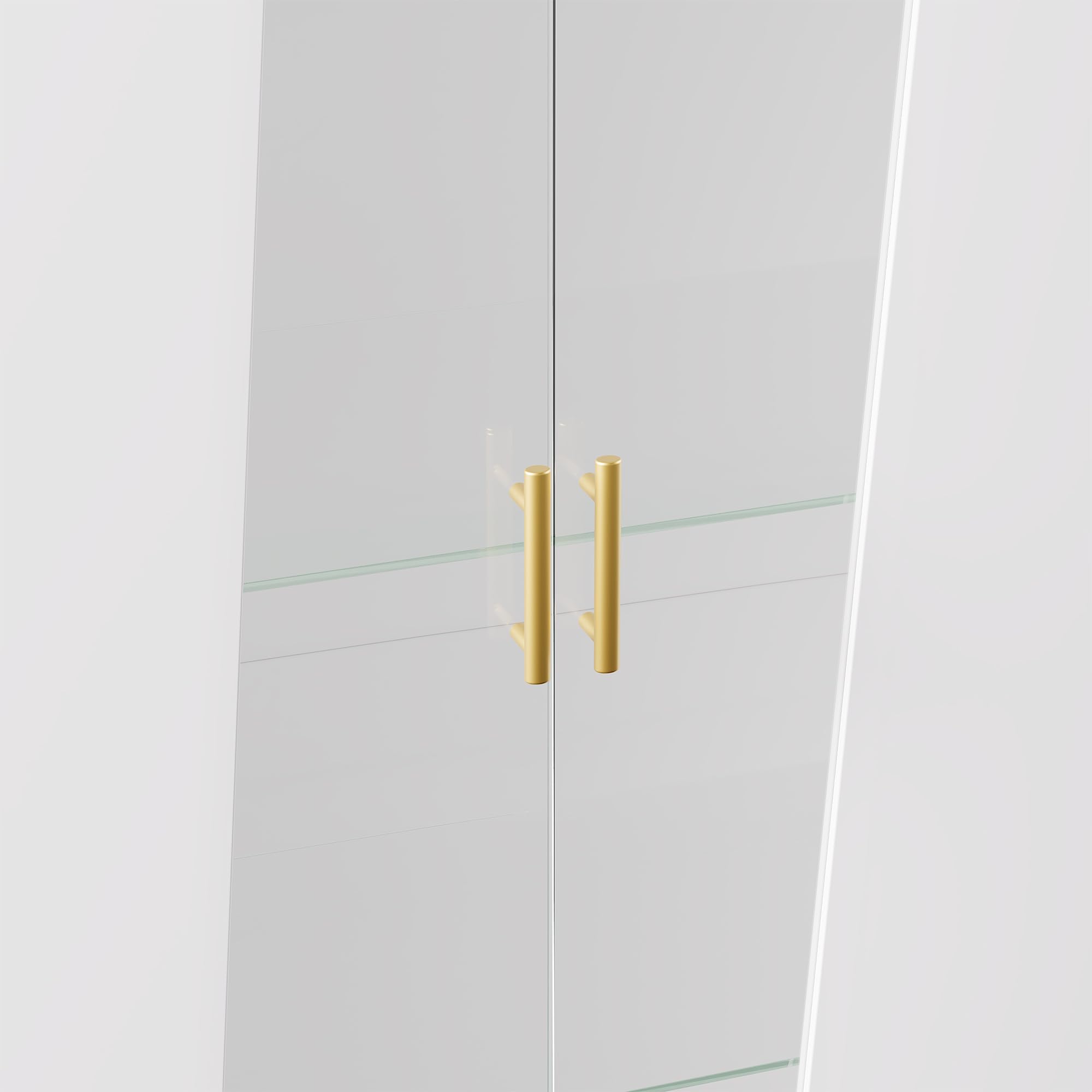 Shye Armario de cristal 72 x 40 x 145 cm con puerta de cristal templado asimétrico, 3 estantes de cristal, tirador de metal y patas de metal, para vitrina, comedor, estantería, color blanco