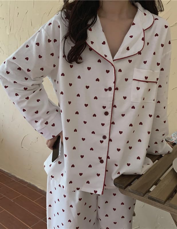 Womens Cotton Flannel Pajama Set Cute Heart Pjs Long Sleeve Button Down Shirt and Long Pants Warm Sleepwear4