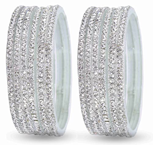 Image of NMII Glass with Zircon Gemstone and Beads Studdded Glossy Finished Traditional Bangle Set For Women and Girls