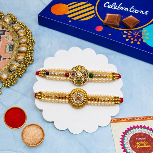 Image of Canton Rakhi Hamper For Brother |2 Rakhi With Celebration Chocolate Gift For Brother | Premium Rakhi With Roli, Tilak & Greeting Card (Design-9)