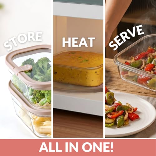 Image of Nestasia Vento Glass Containers with Lid Set of 4 (370ml x 2, 930ml x 1, 2500ml x 1) - Microwave, Refrigerator & Dishwasher Safe Containers with Air Vent Lid for Fridge Storage (Beige)