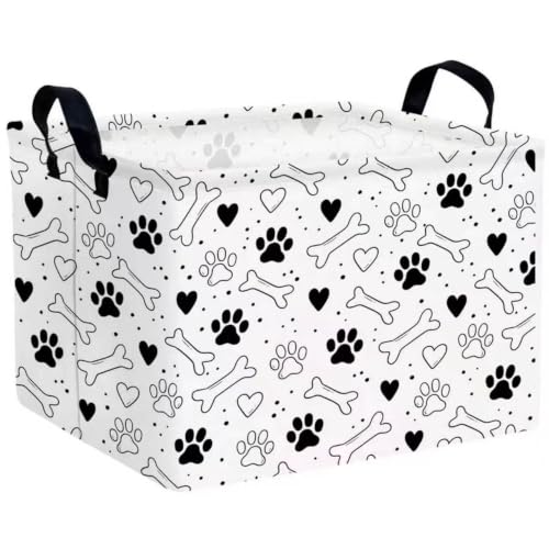 Rectangular Dog Toy Basket Collapsible Puppy Stuff Storage Box Bins with Handles Pet Supply Organizer Decor (Black Bone Paw Love)