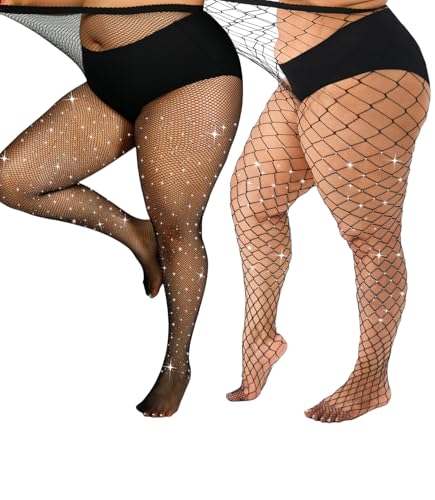 Plus Size Fishnet Tights Sparkly Stockings Glitter Pantyhose Hosiery with Diamond-2 Styles