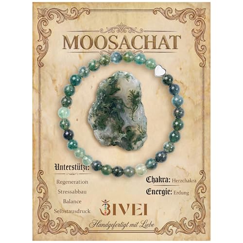 Bivei 6mm Moosachat Kristall Stretcharmbänder für Damen Handgemachtes Naturstein-Perlenarmband Yoga Schutz Damenschmuck Geschenk
