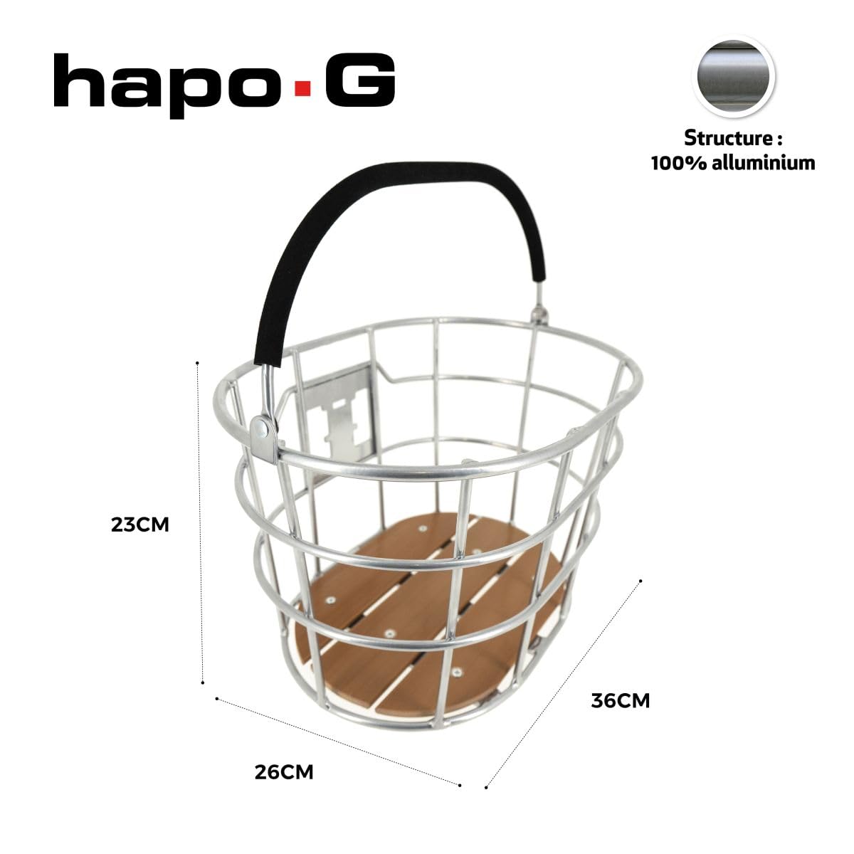 Hapo-G - Panier Avant vélo 21.5L - Ultra léger en Aluminium - Fixation Rapide DMTS - Amovible & Compatible VAE