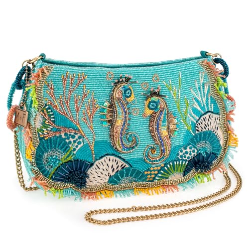 Mary Frances Reef Rider Beaded Crossbody Handbag Ocean Seahorse Embellished Purse Coral Themed Evening Bag, Multicolor