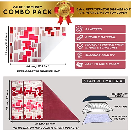 Image of Polyester 3-Layered Fridge Top Cover /Refrigerator Cover with Utility Pockets and Set of 6 Pc Fridge Mats (Color- Red, Size-39x21 Inch)