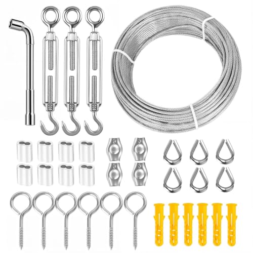20m 3mm Cable de Acero Inoxidable Cable de Acero Recubierto de PVC con Tensores Alambre/Abrazadera para Plantas Trepadoras Valla Luminarias y Tendedero Exterior