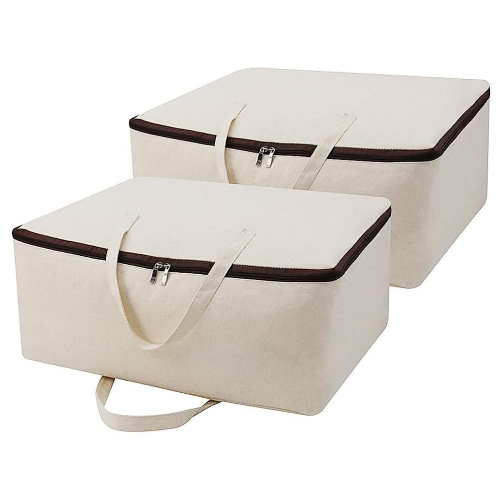Pack of 2, Breathable Natural Cotton Canvas Soft Storage Bags with Handles & 3-side Zip, Good for Clothing Blankets Duvets Pillows Organizer in Wardrobe, Closet, Beige