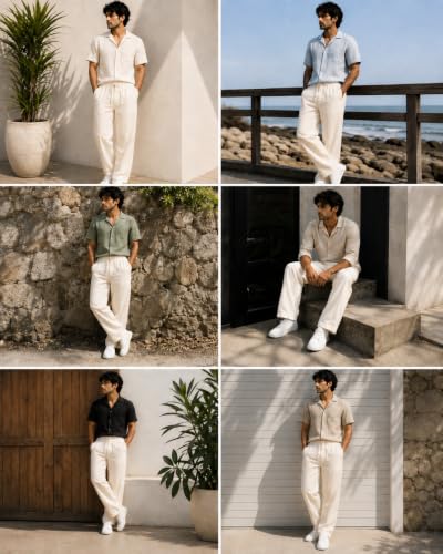 Image of Linen Pants for man || Relaxed Fit Casual Trousers for Men || Men's Lightweight Breathable Pants || Elastic Waist with Drawstring || All Season Pant for Regular, Travel & Office Wear