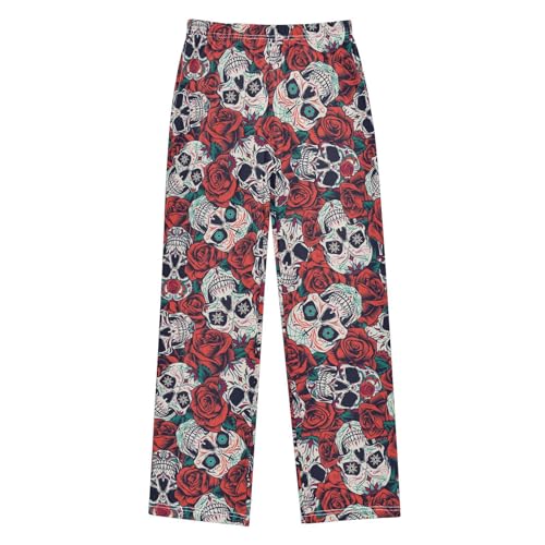Skull with Rose Floral Boys Long Pants Soft Trousers Elastic Waist Kids Lounge Bottoms with Pockets S-XL