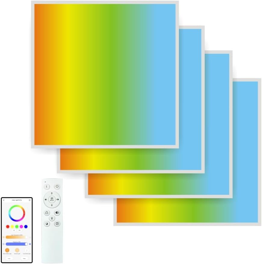 2x2 FT LED RGBCW Multicolor Flat Panel Remote & App Controlled 40W 4600lm Color Changing LED Panel Light Smart 2.4G Bletooth,Drop Ceiling Light with (4 Pack)