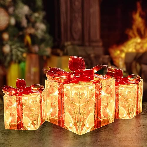 Hourleey Set of 3 Christmas Lighted Gift Boxes, Pre-lit 60 LED Light Up Present Boxes Ornament Decorations with Ribbons for Indoor Outdoor Xmas Tree Home Yard Lawn Decor, Warm White - Image 4