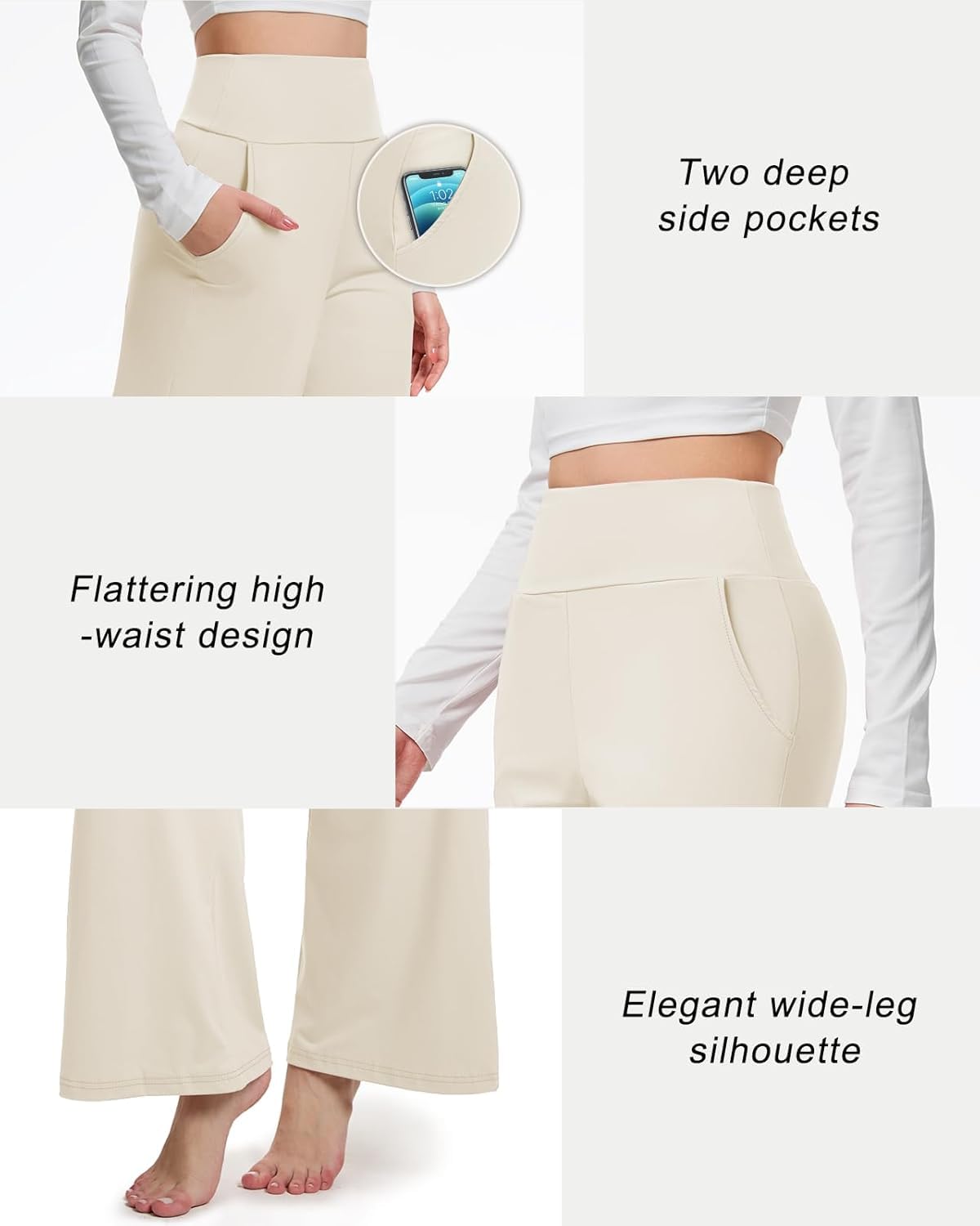 Pantalons de Yoga Taille Haute Pantalon Stretch Taille Haute à Jambes Larges avec Poches(XL)