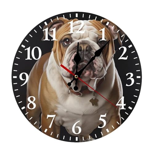 Englische Bulldogge Wanduhr für Schlafzimmer, betriebene Uhren mit arabischen Ziffern, rund, leise, nicht tickende Uhr für Küche, Bad, Wohnzimmer, Büro,...
