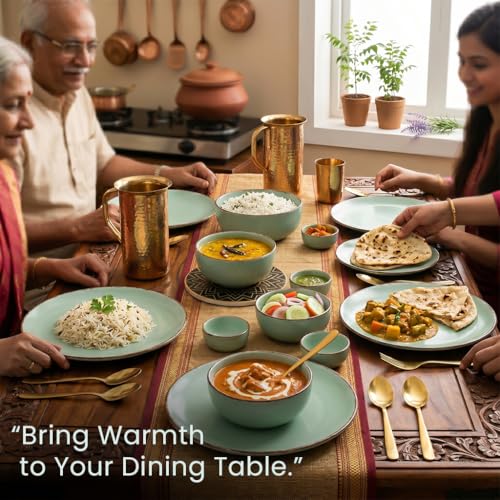 Image of The Earth Store Handcrafted Mint Marble Ceramic Dinner Set with Lids & Spoons, 30 Pieces Serving for 6 | Microwave & Dishwasher Safe | Bone-Ash Free Crockery Set for Dining & Gifting