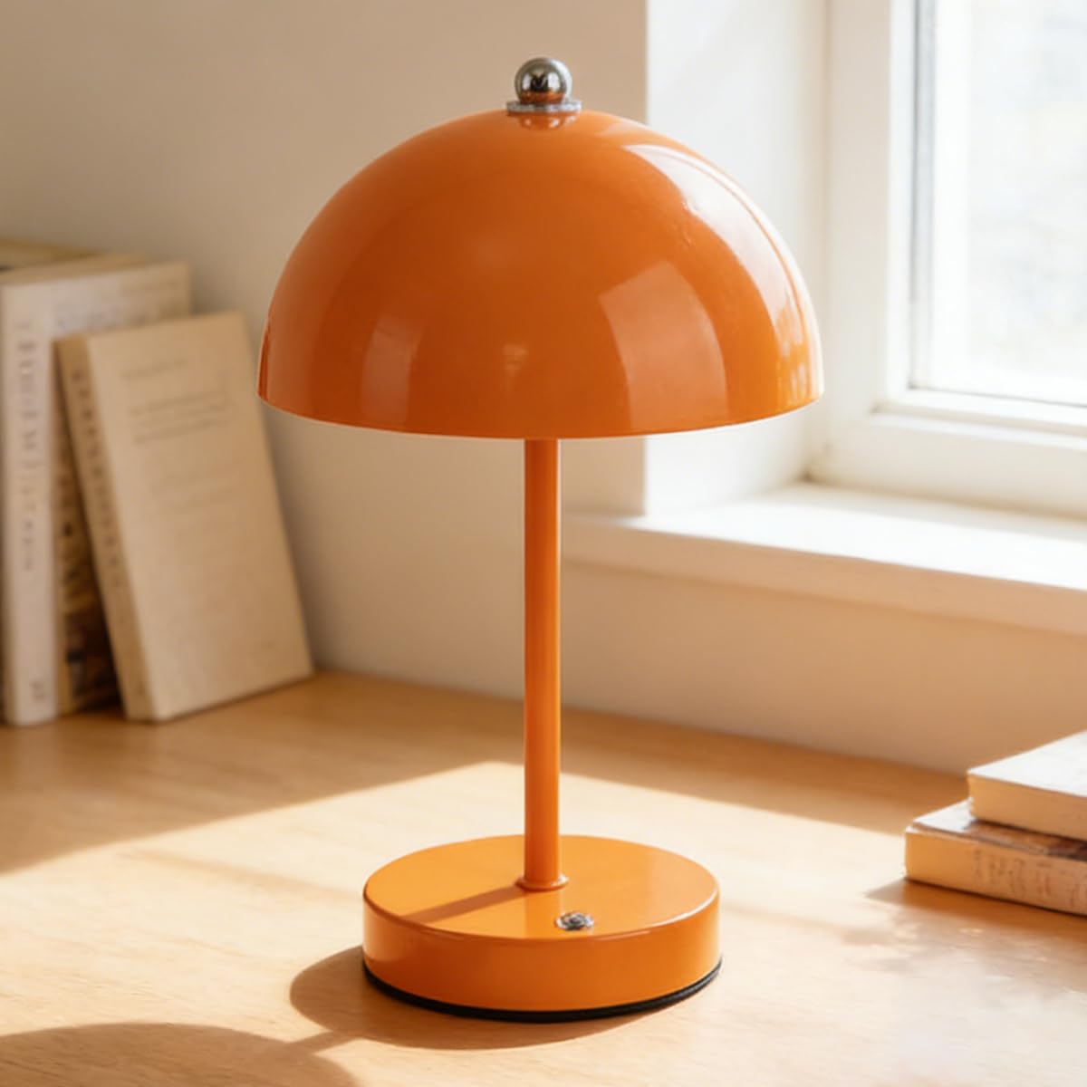 Wireless Table Lamp with Mushroom-Shaped Touch Control, Rechargeable, 3 Colour Temperatures, Dimmable LED Bedside Lamp with 1800mAh Battery, Colourful Macaron-Style Decorative Table Light,Orange