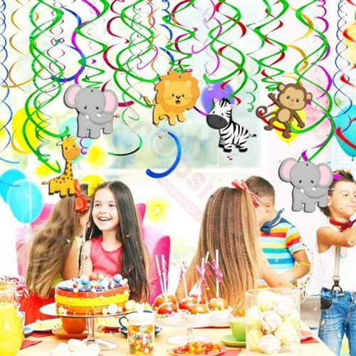 Image of Propsicle Prosicle Birthday Jungle Theme Kids Party Decoration Swirls Animal Cutouts Forest Safari Hanging Paper Decor Monkey Lion Elephant