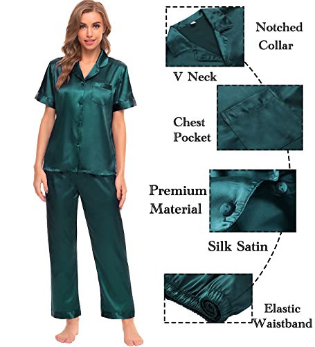 Image of SWOMOG Womens Silk Satin Pajamas Sets 4pcs Sleepwear Sexy Cami Shorts Set and Button Down Short Sleeve Pjs Loungewear
