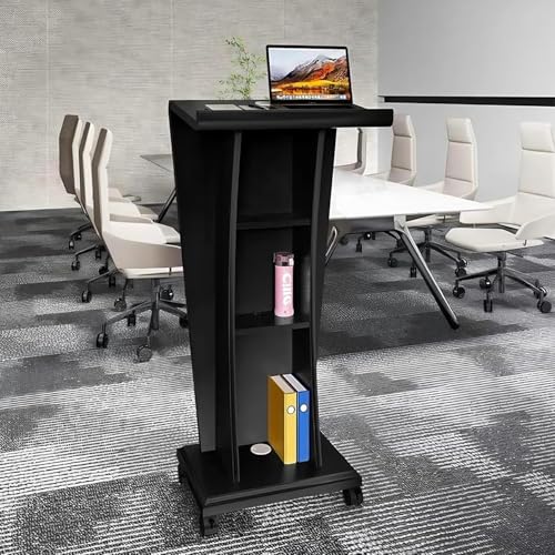 Uhetoice 演台 演説台 完成品 司会台 受付台 木製 講演台 レジカウンター 受付カウンター キャスター付き 表彰台 教会説 教壇 教卓 収納棚付き 結婚式 会議 スピーチ レポート 法人様向け (ブラック)