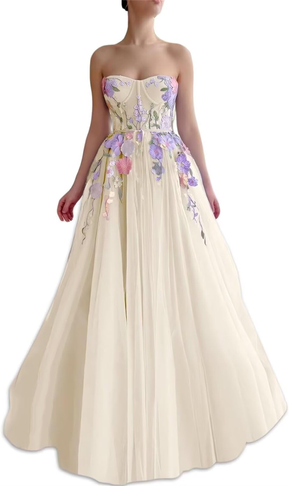 Women's Long Tulle Strapless A Line Prom Dress Floral Embroidered Corset Sweetheart Formal Party Gowns with Pocket