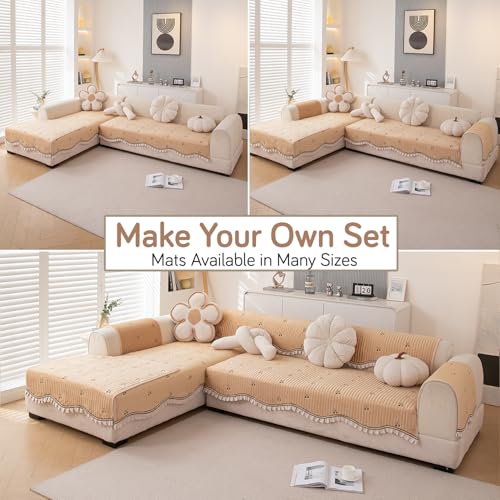 Image of HOKIPO Premium Dutch Velvet Sofa Cover Mat with Frill for 1 /2 /3 Seater and L Shape Sofa. Make Your Own Sofa Cover Set, Mat Length 90(D) x 110(L) cm, Caramel Beige (AR-5735-BGE)