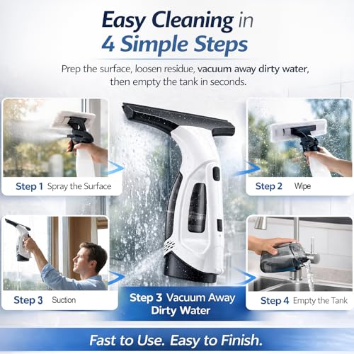 Transplant Aspirateur de fenêtre électrique sans fil avec autonomie de 45 minutes, buse d'aspiration de 28 cm et réservoir d'eau de 200 ml pour fenêtres, portes de douche, miroirs et carreaux – vue 6