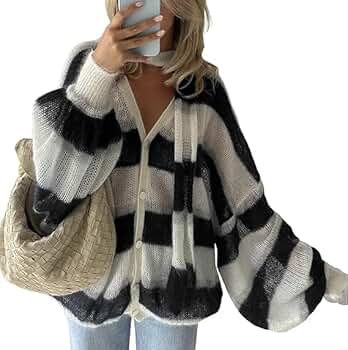 トップス TEDDY FUR STRIPED CARDIGAN Kallen Button Front Striped Cardigan - Cream/Black - Petal
