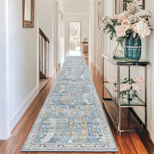 Madane Hallway Runner Rug 2x12, Extra Long Washable Runner Rugs with Rubber Backing, Non Slip Carpet Runner for Hallway, Vintage Rug Runners for Kitchen Laundry Room Entryway (Blue/Gold, 2'x12')