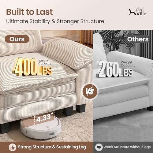 Image of PHI VILLA Cloud Modular Couch Sets with Swivel Accent Chair, 123.6 inch Sectional Sofa with L-Shaped Chaise, 4-Seater Upholstered Couches with Movable Ottoman for Living Room, Corduroy Fabric, Beige