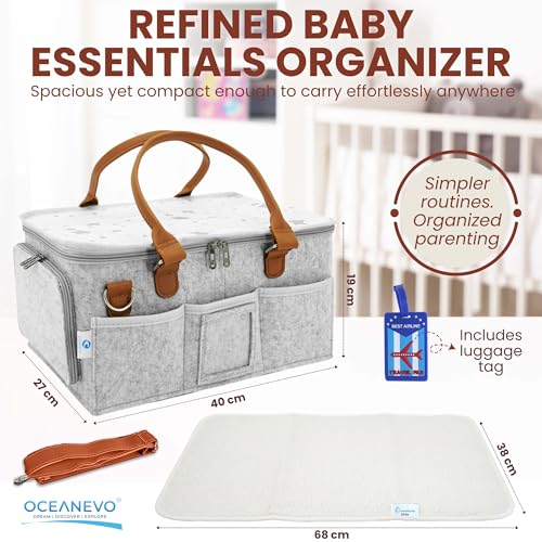 Image of OCEANEVO Cute Diaper Caddy Organizer Bag WITH Lid, Changing Mat & Luggage Tag | New Born Baby Essentials Storage Basket with Compartments and Removable Shoulder Strap | 40 x 27 x 19 Cm - Grey