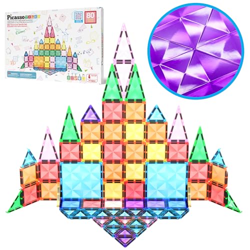 Image of PicassoTiles 80 PCs Magnetic Tiles Travel Size Mini Version Building Block Construction Set for Kids Great Gift Ages 3+ Boys & Girls Preschool Kindergarten Montessori Playing Toys Stacking Fun PTM80